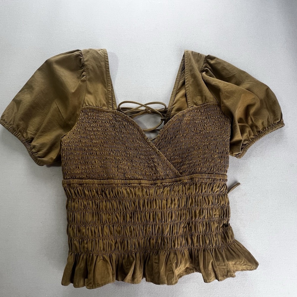 Forever That Girl Smocked Tan V Neck Crop Anthropologie Shirt M Boho Whimsical - Picture 2 of 9